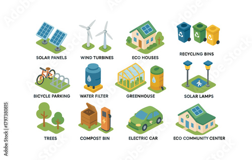 Isometric eco elements: renewable energy, sustainable living, and green technology icons
