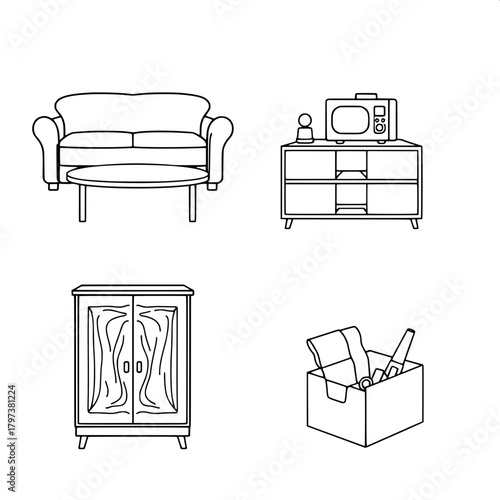 “Create a clean, bold-line illustration in four quadrants. Feature a rounded sofa, a small appliance table, a patterned wooden cabinet, and an office-supply box. Apply flat black outlines and white fi