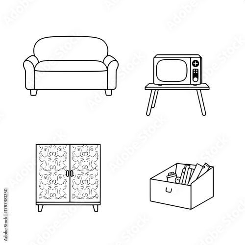 “Create a clean, bold-line illustration in four quadrants. Feature a rounded sofa, a small appliance table, a patterned wooden cabinet, and an office-supply box. Apply flat black outlines and white fi