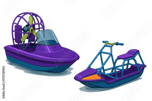 Colorful airboat and personal watercraft recreational vehicles isolated on white