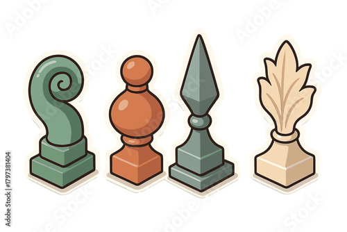 Four classic architectural finials and ornamental elements in isometric style