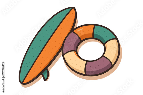 Colorful surfboard and life preserver for summer vacation and water safety