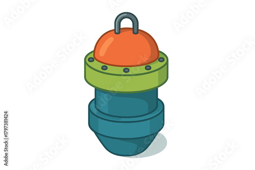 Isometric colorful deep sea marker buoy with orange dome and heavy duty metal handle