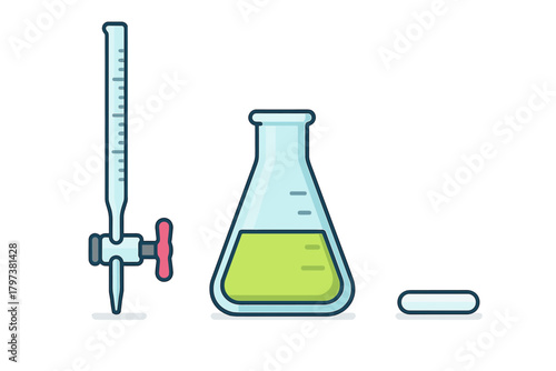 Chemistry laboratory equipment setup with burette, conical flask, and green liquid