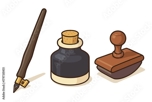 Classic calligraphy set featuring vintage dip pen, inkwell, and wooden rocker blotter