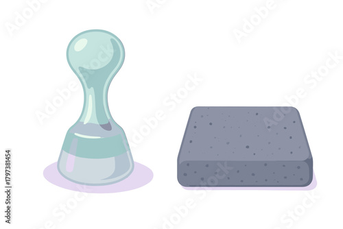 Stylized glass plunger and rectangular scrubbing sponge cleaning tools set