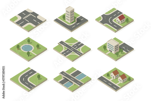 Isometric urban infrastructure components featuring roads, residential houses, buildings, and parks