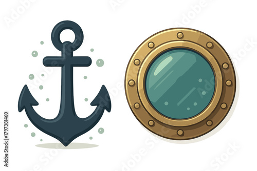 Heavy metal anchor and round brass ship porthole window isolated on white background