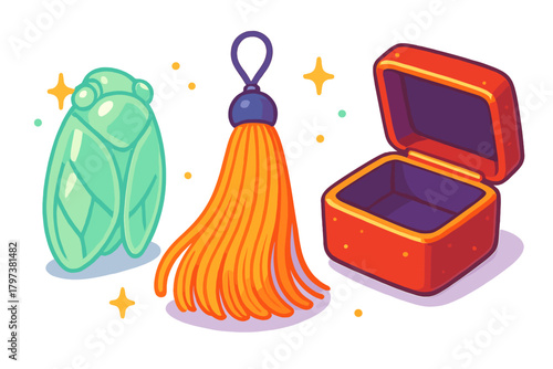 Colorful set of magical objects including a jade cicada, decorative tassel, and open treasure chest