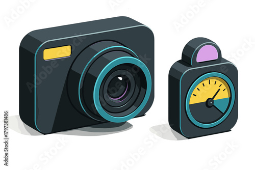 Modern dark compact camera and handheld light meter for professional photography