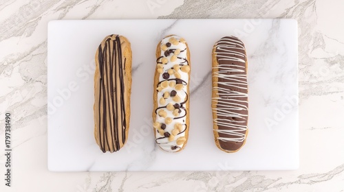 Assorted chocolate eclairs on marble surface