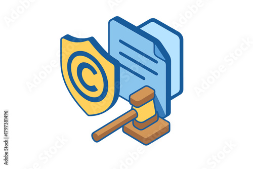 Isometric icon showing copyright protection shield, legal document, and judge gavel