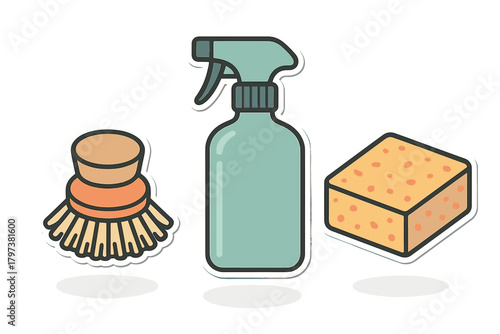 Essential household cleaning supplies set featuring a scrubbing brush, spray bottle, and kitchen sponge