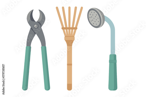 Gardening and utility tools set including nippers, hand rake, and watering nozzle