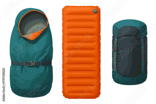 Compressed sleeping bag and bright orange inflatable sleeping pad with compression sack