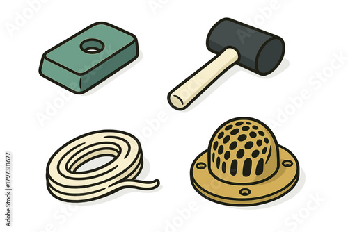 Essential construction and plumbing accessories set including rubber mallet, drain strainer, rope, and rectangular block