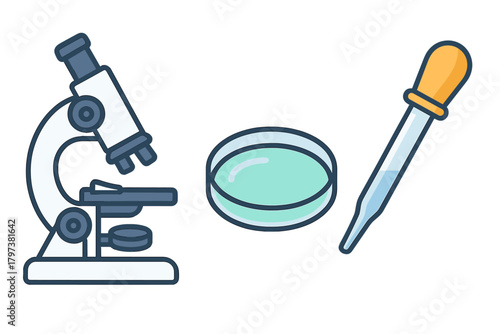 Microscope petri dish and chemical dropper essential tools for laboratory science