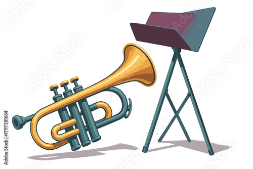 Classic brass trumpet and adjustable music stand setup for playing music