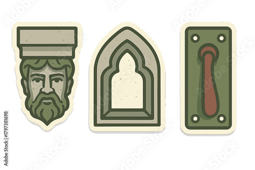 Stylized antique architectural elements including a classical stone head, gothic arch, and vintage keyhole plate