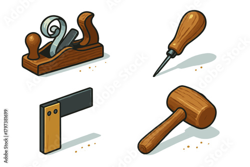 Essential carpentry hand tools set with wooden plane, mallet, awl, and measuring square