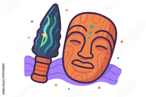 Traditional wooden ceremonial mask and glowing ancient ritual dagger symbolizing mystery