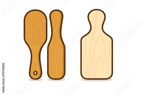 Essential wooden kitchenware set with cutting board and cooking utensils
