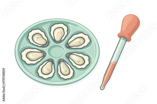 Fresh oysters served raw on a round platter with a glass dropper for seasoning sauce