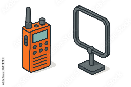 Orange walkie talkie radio transceiver and loop antenna display in isometric view