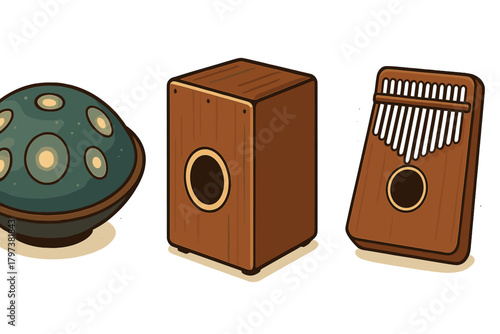 Handpan, cajon, and kalimba musical instruments set featuring percussion and melodic sounds