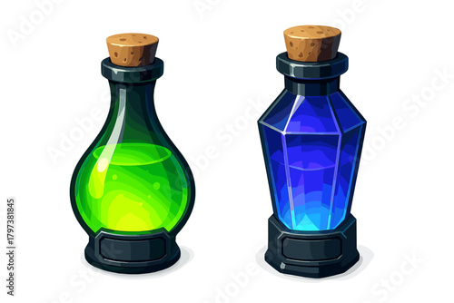 Pair of fantasy potion bottles filled with glowing green and blue liquid
