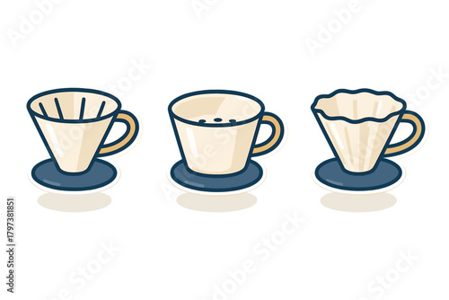 Set of three different coffee pour-over drippers and filters for manual brewing methods