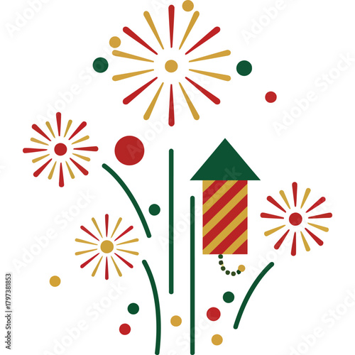 Festive fireworks and rocket illustration celebration holiday new year party sparkler burst red gold green