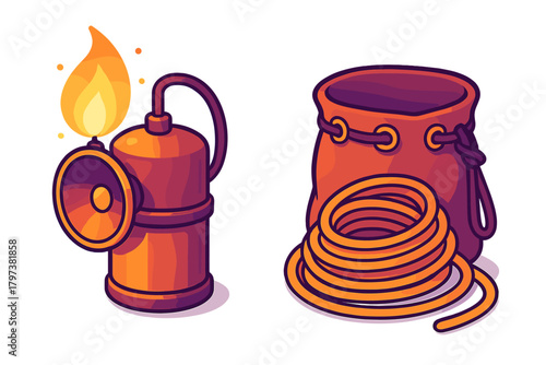 Vintage mining lamp with flame next to a drawstring bag and coiled rope for exploration gear