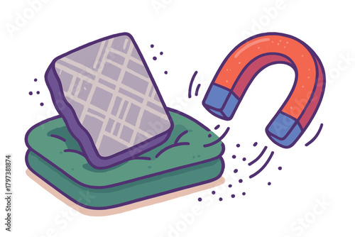 Horseshoe magnet attracting a soft quilted mattress symbolizing comfort and quality sleep