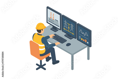 Industrial engineer monitoring power plant and electrical grid systems in a control room