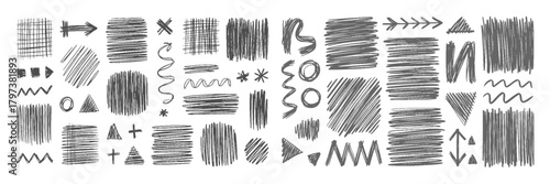 Hand drawn arrow set featuring curved, straight, dotted, and swirled arrows design,  arrows, highlighters, underline, round, stars, alphabet, doodles. Scribble drawn with felt-tip pen, chalk, pen