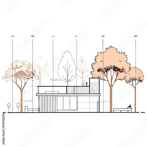 Minimal modern house elevation with flat roof, pastel pink walls, large glass doors, rooftop terrace, surrounding trees, human figures, and clean architectural line drawing style.