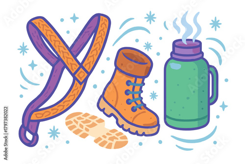 Essential hiking gear including boot, safety harness, and hot beverage thermos