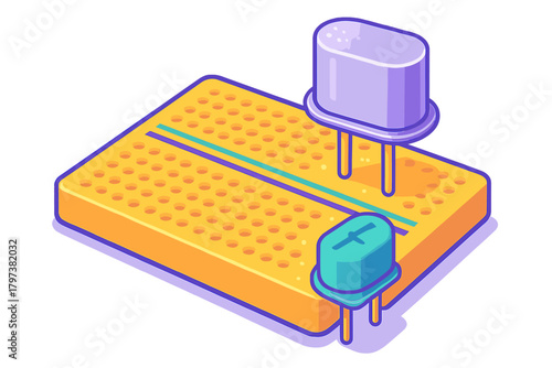 Colorful isometric breadboard with electronic components for circuit prototyping and development
