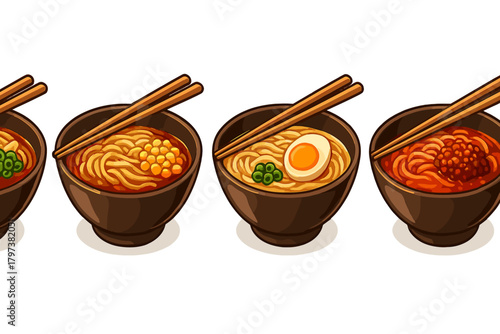Collection of four different Japanese ramen noodle bowls with various toppings and chopsticks