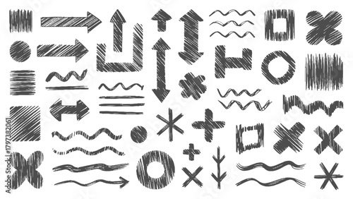 Hand drawn arrow set featuring curved, straight, dotted, and swirled arrows design,  arrows, highlighters, underline, round, stars, alphabet, doodles. Scribble drawn with felt-tip pen, chalk, pen