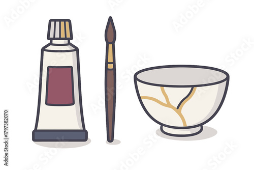 Traditional Japanese kintsugi bowl repair kit with paint tube and fine art brush