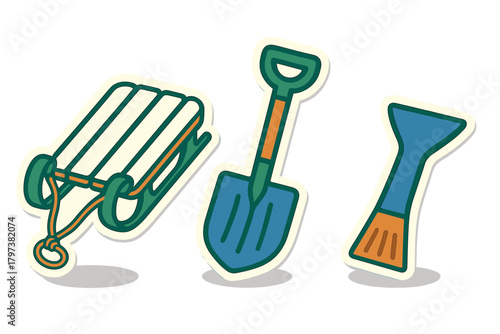 Winter equipment stickers including sled, snow shovel, and ice scraper