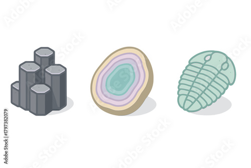 Geological and paleontological elements including basalt columns, agate geode, and trilobite fossil