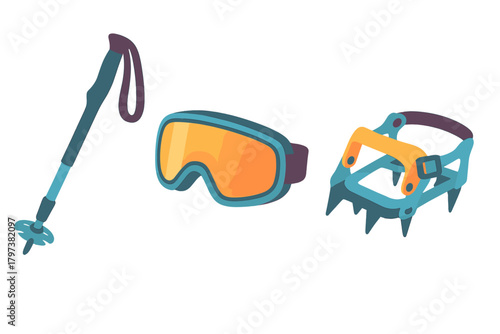 Essential winter hiking and climbing gear featuring a pole, goggles, and crampons