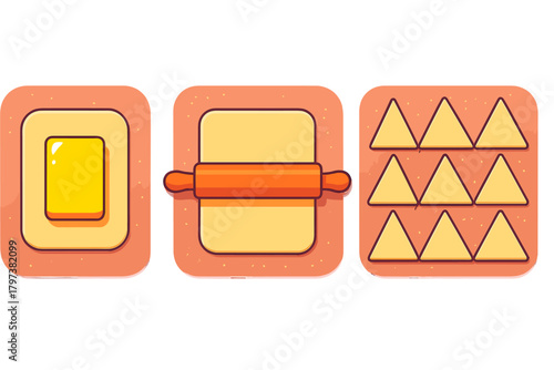 Sequence showing preparation of pastry dough by rolling and cutting into triangles