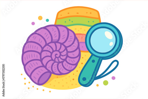Purple nautilus shell and magnifying glass over colorful geological strata layers