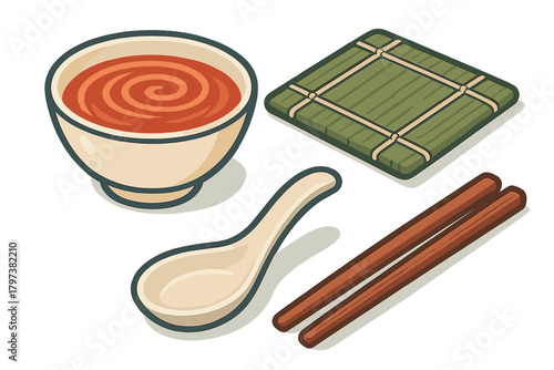 Traditional Asian tableware set with sauce bowl, chopsticks, ceramic spoon, and bamboo coaster