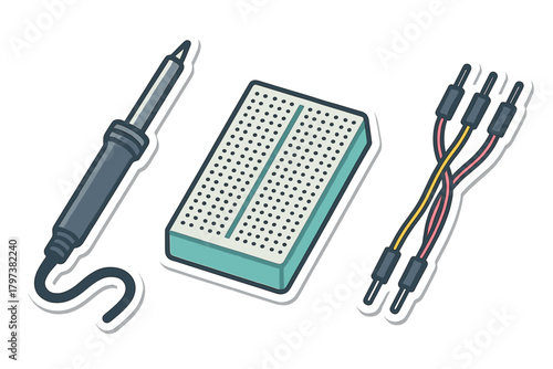 Soldering iron, prototyping breadboard, and jumper wires for electronics development