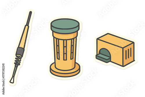 Stylized graphic icons set featuring a dab tool, ancient column, and building entrance